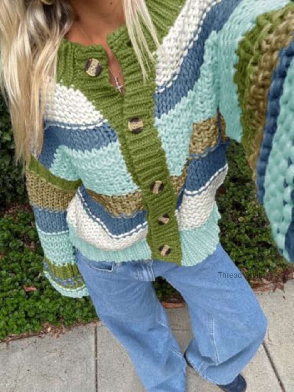 Striped Chunky Cardigan Sweater Button Up Long Sleeve Knit Coat - Picture 3 of 7